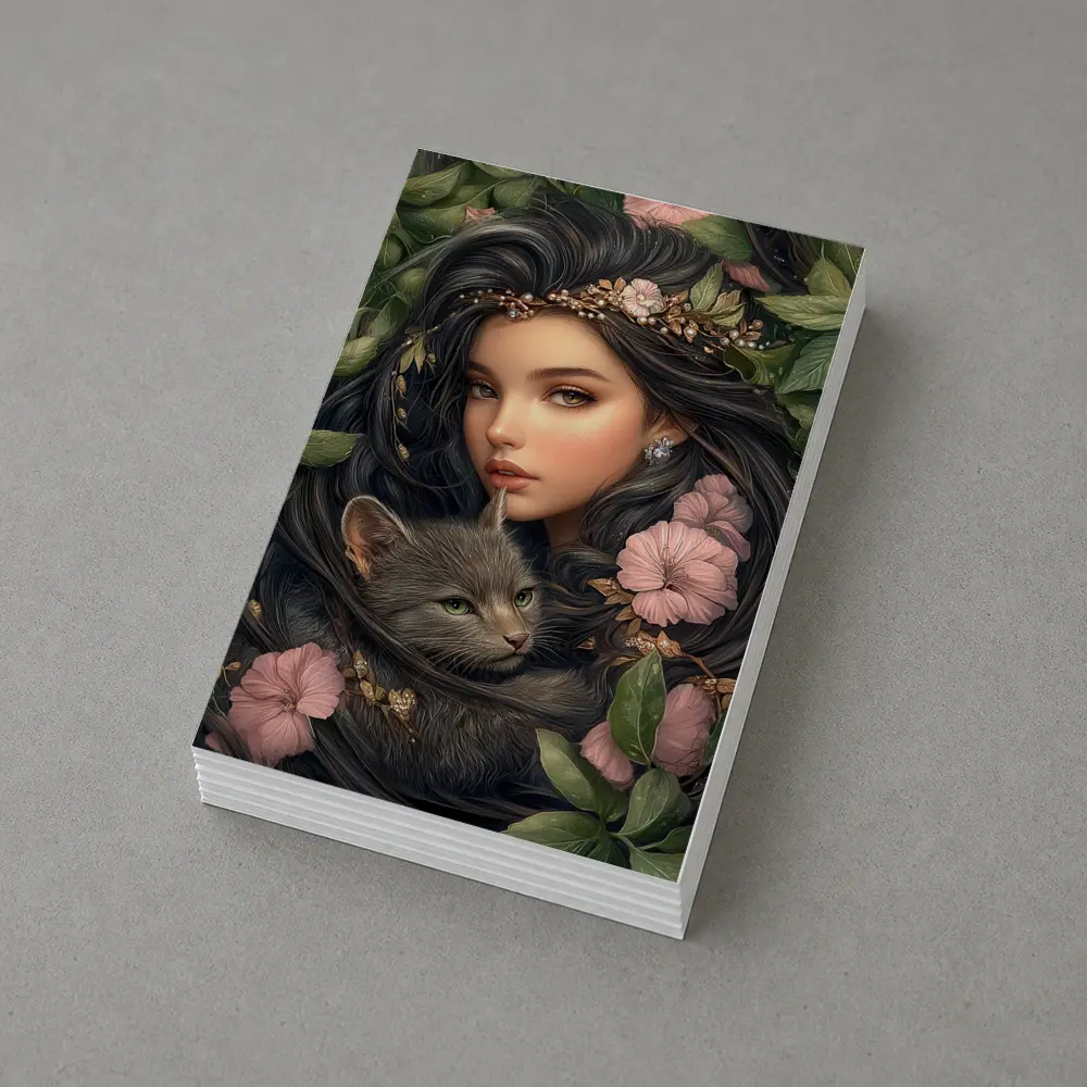 Girl With Gray Cat Pink Floral Fantasy – Postcards