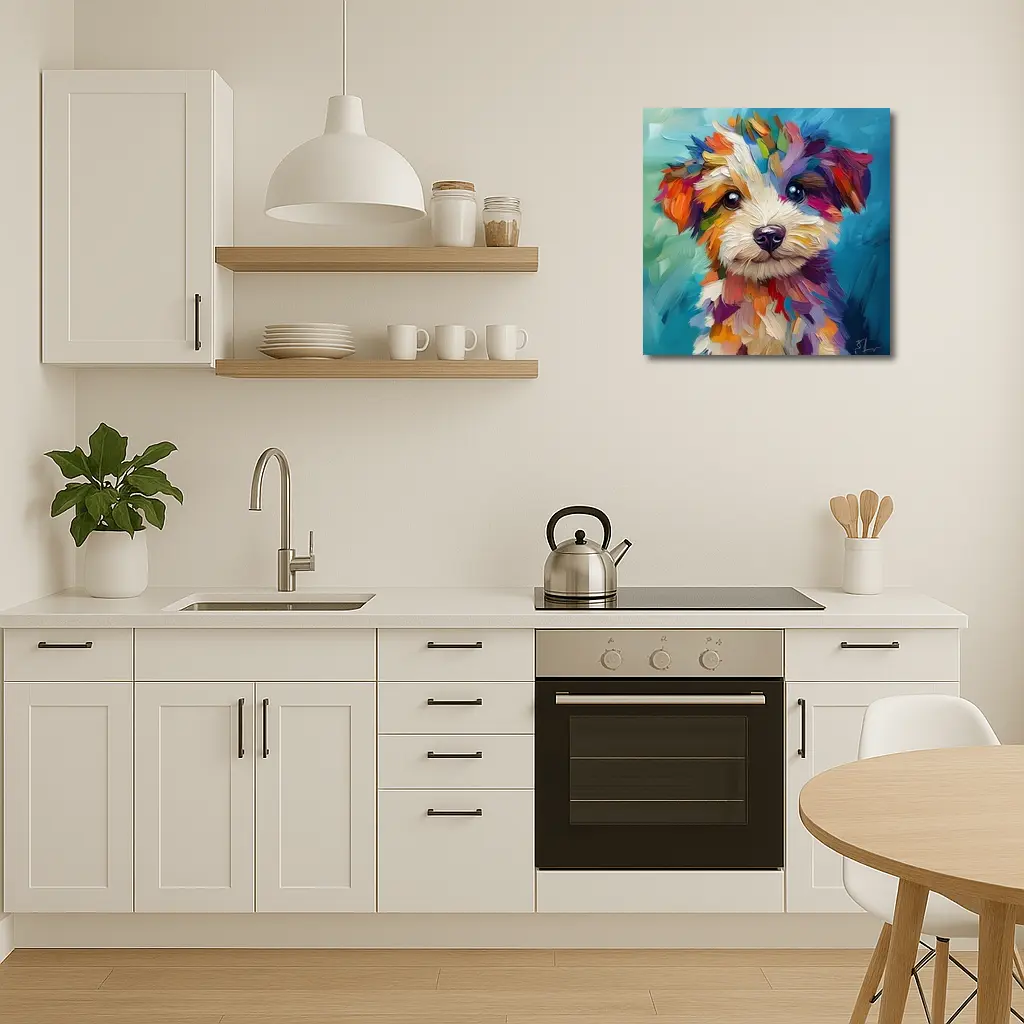 Colorful Puppy Dog Oil Painting Blue Background – Wall Art