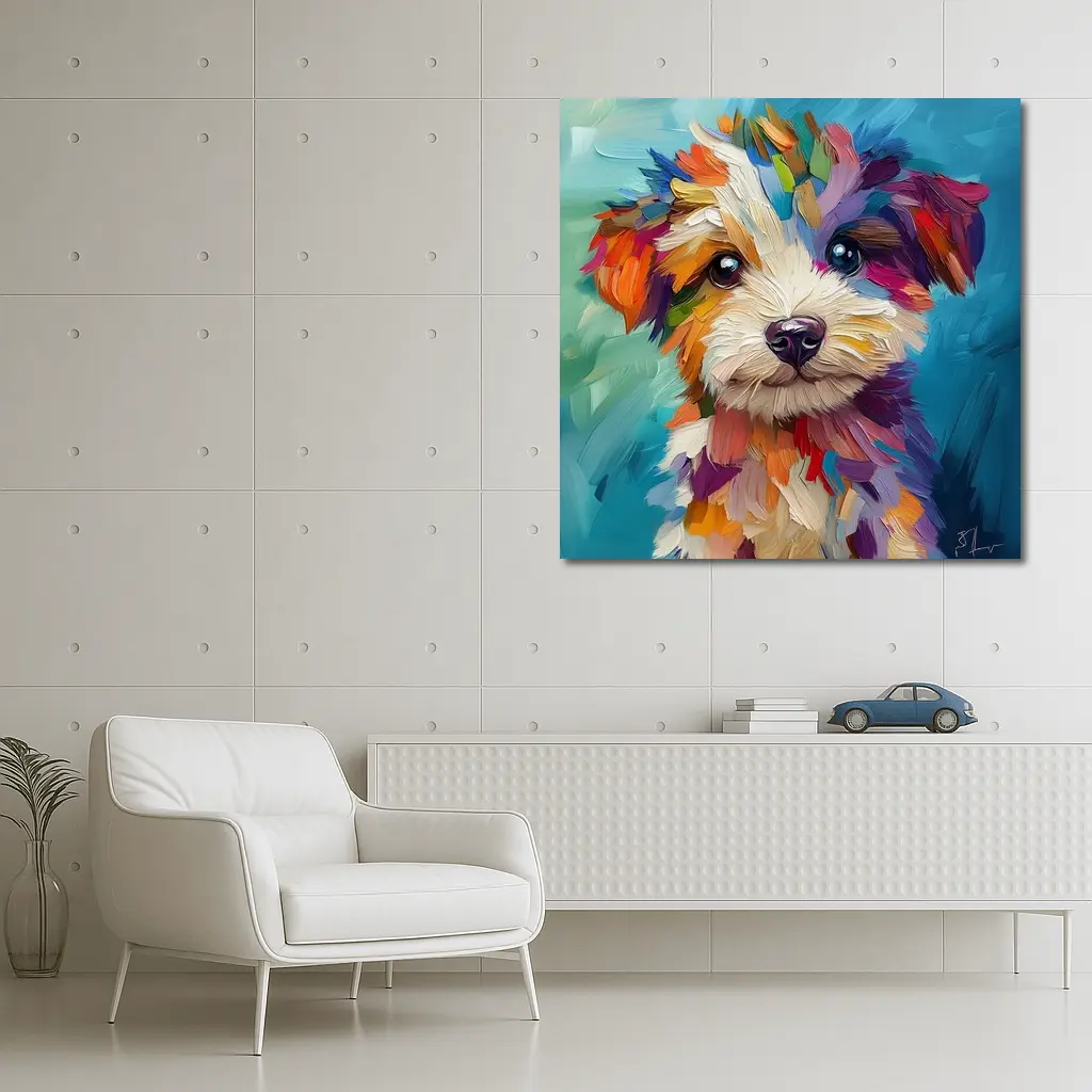 Colorful Puppy Dog Oil Painting Blue Background – Wall Art