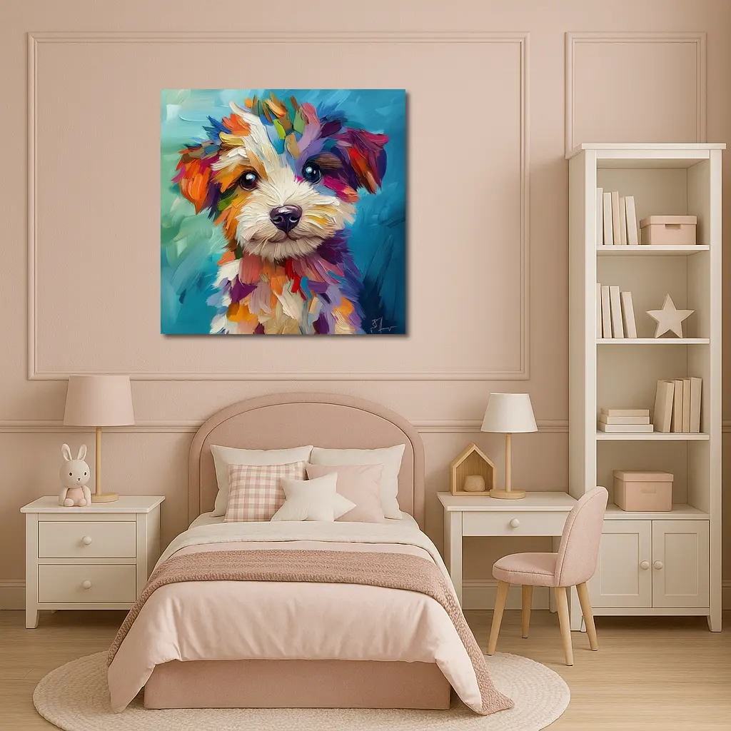 Colorful Puppy Dog Oil Painting Blue Background – Wall Art