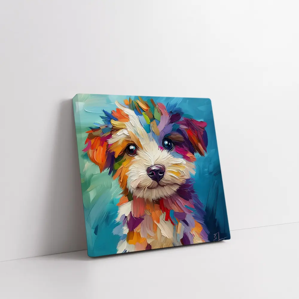 Colorful Puppy Dog Oil Painting Blue Background – Wall Art