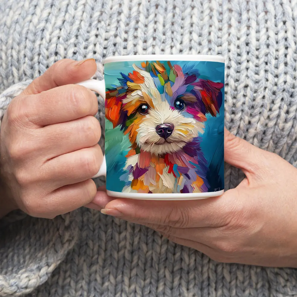 Colorful Puppy Dog Oil Painting Blue Background – Mugs