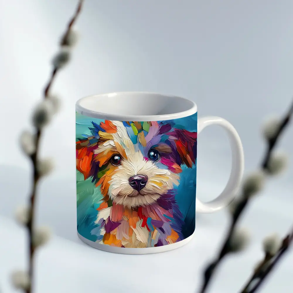 Colorful Puppy Dog Oil Painting Blue Background – Mugs