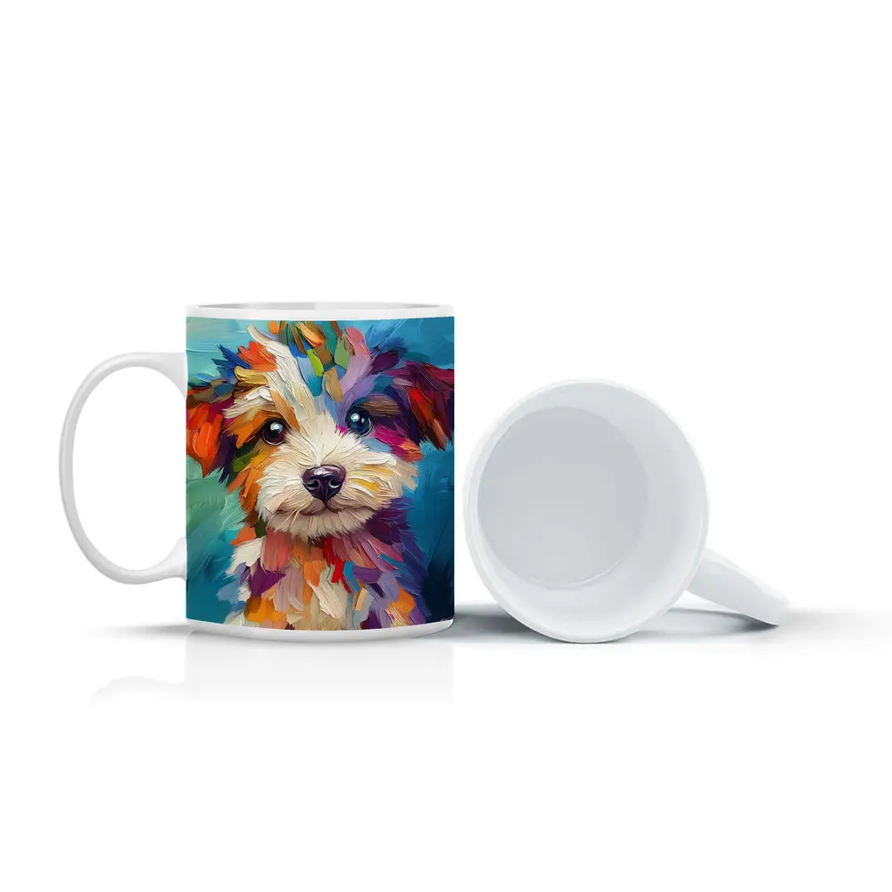 Colorful Puppy Dog Oil Painting Blue Background – Mugs