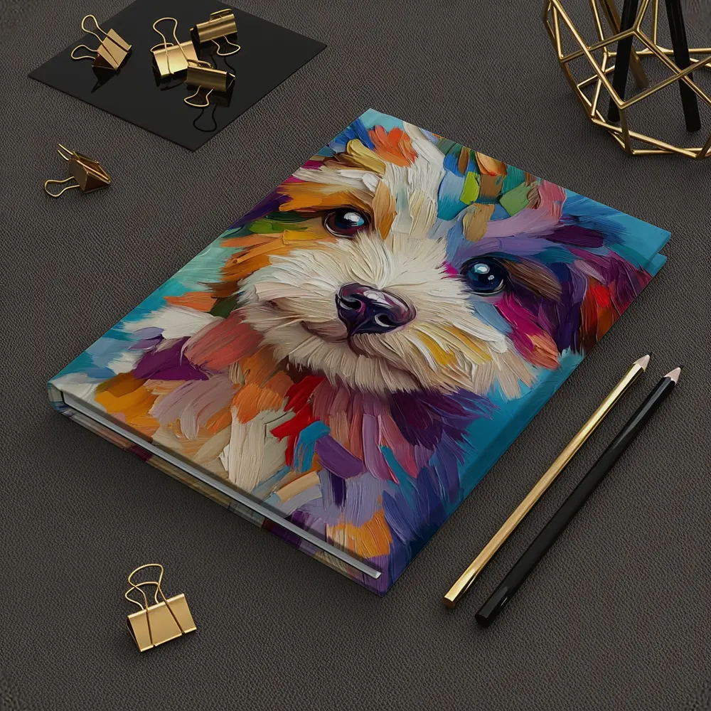 Colorful Puppy Dog Oil Painting Blue Background – Notebooks