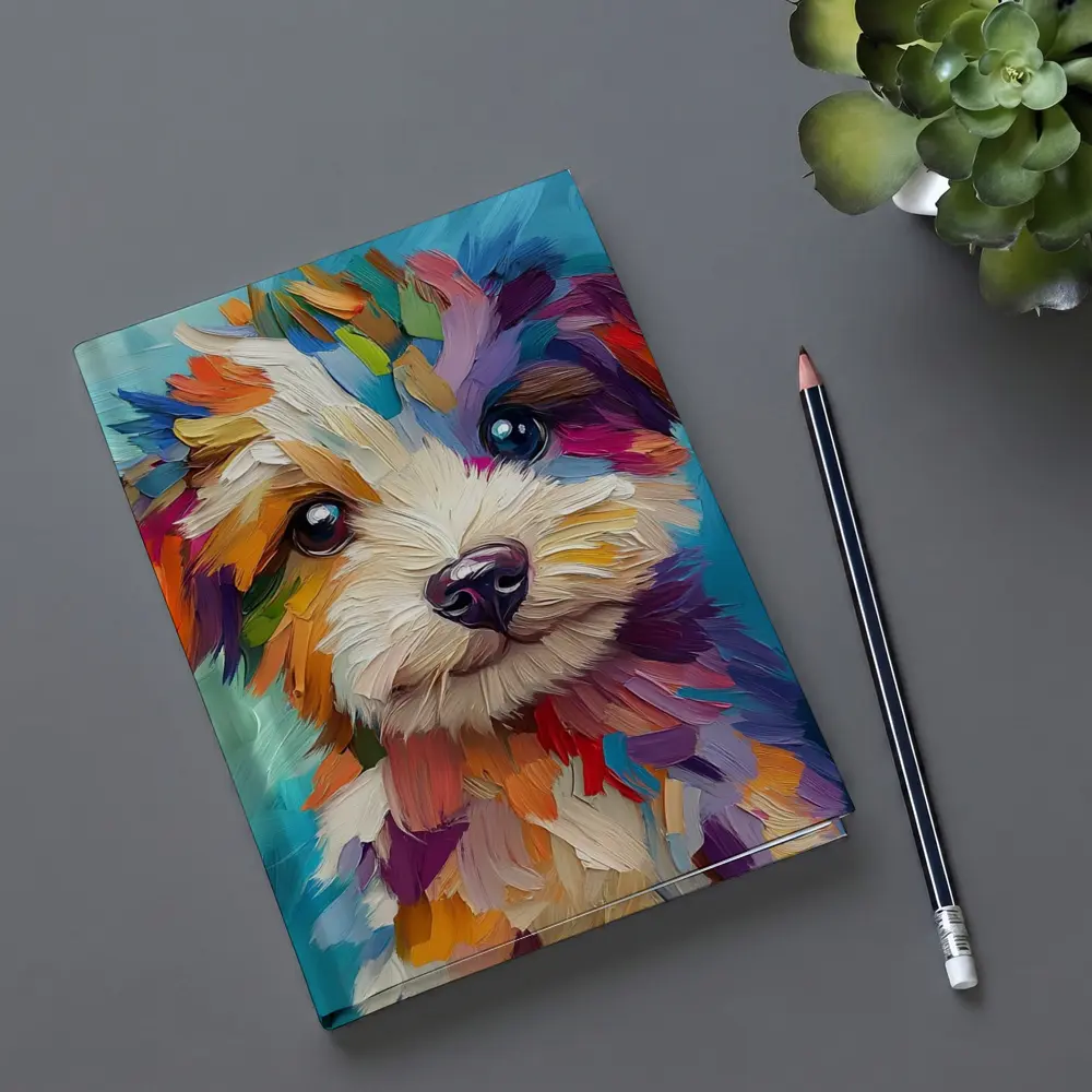 Colorful Puppy Dog Oil Painting Blue Background – Notebooks
