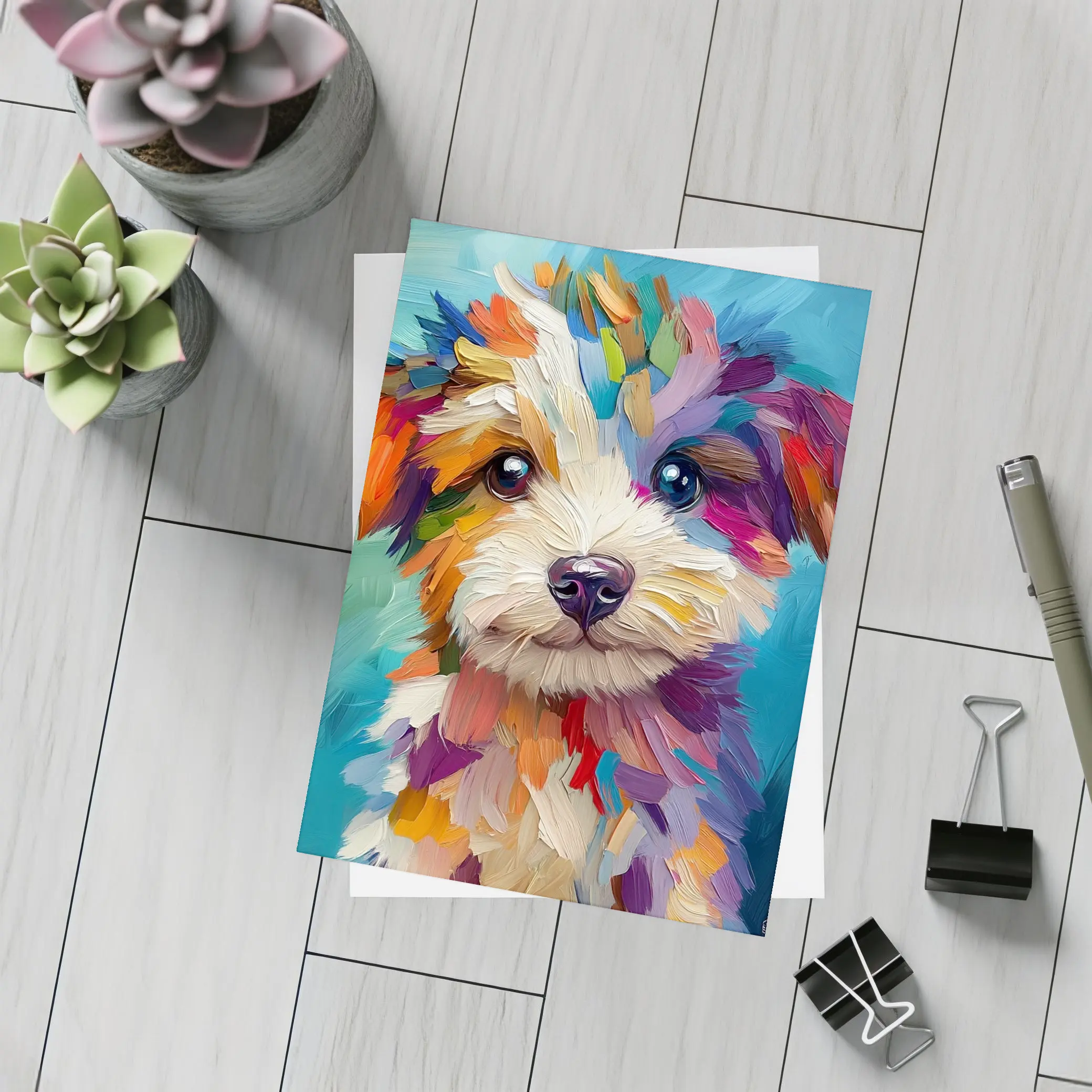 Colorful Puppy Dog Oil Painting Blue Background – Postcards