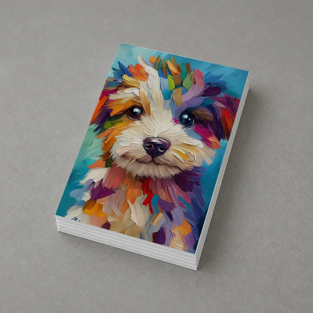 Colorful Puppy Dog Oil Painting Blue Background – Postcards