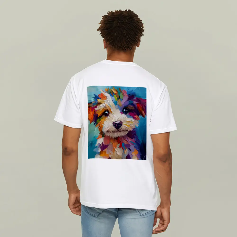 Colorful Puppy Dog Oil Painting Blue Background – T-Shirts