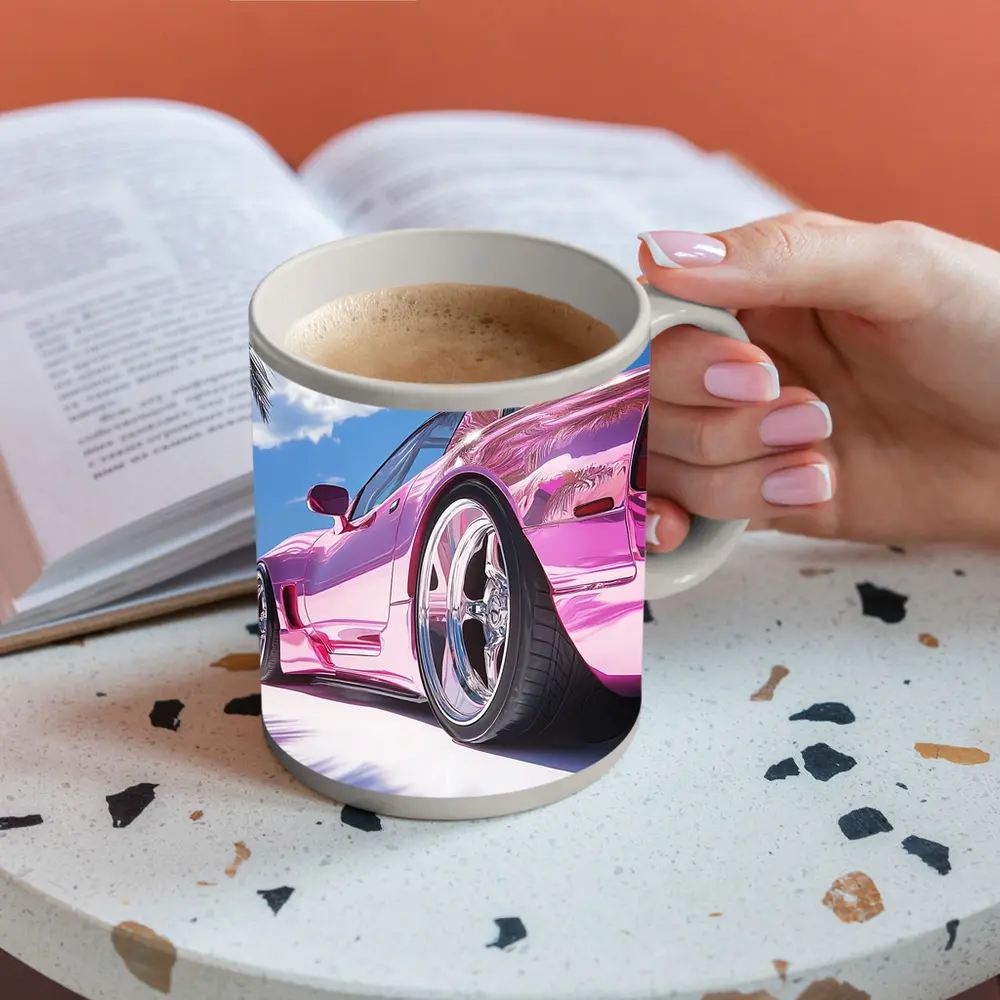 Pink Chrome Corvette Tropical Beach Sky – Mugs