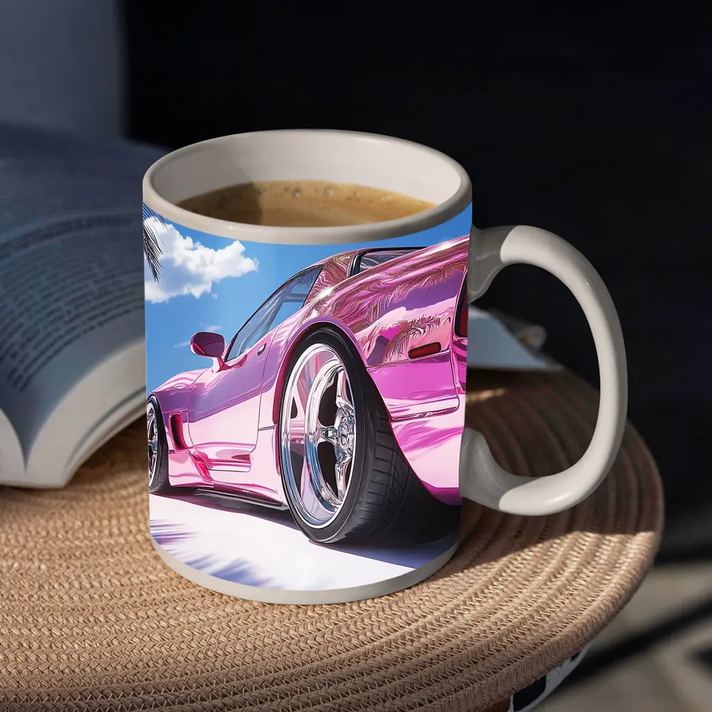 Pink Chrome Corvette Tropical Beach Sky – Mugs