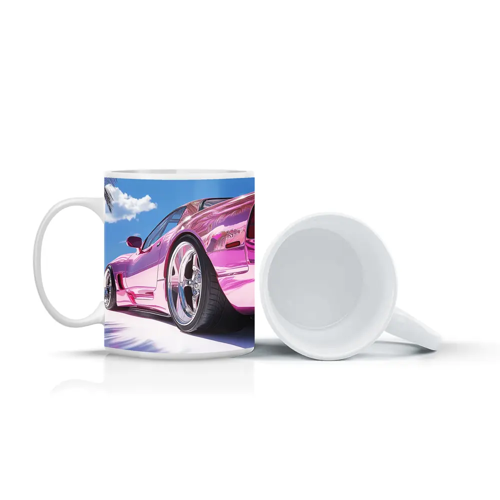 Pink Chrome Corvette Tropical Beach Sky – Mugs