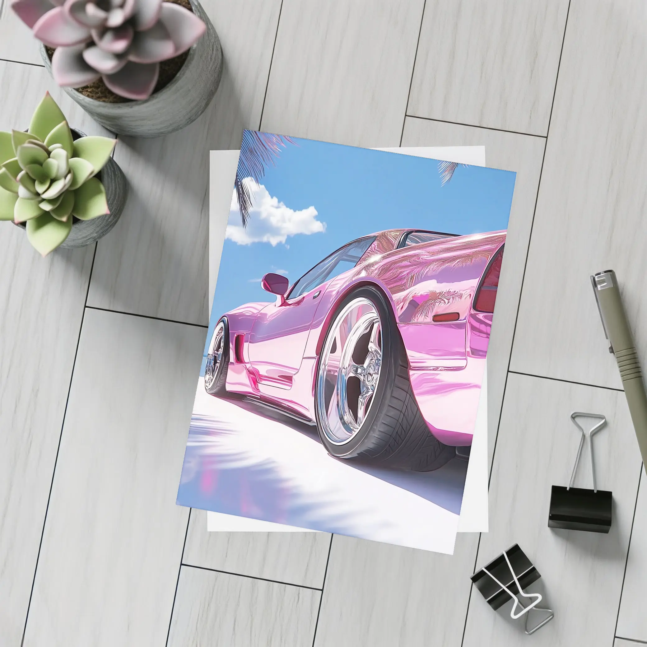 Pink Chrome Corvette Tropical Beach Sky – Postcards