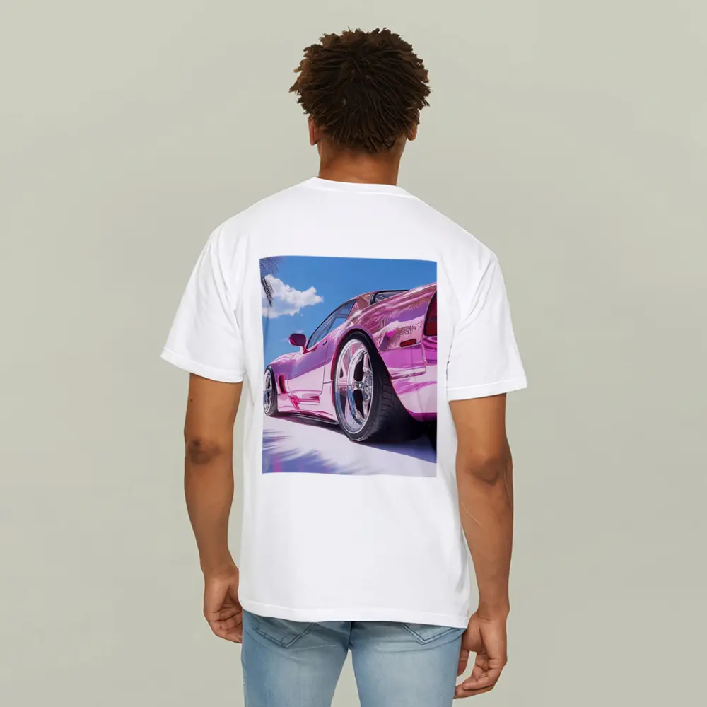 Pink Chrome Corvette Tropical Beach Sky – T-Shirts