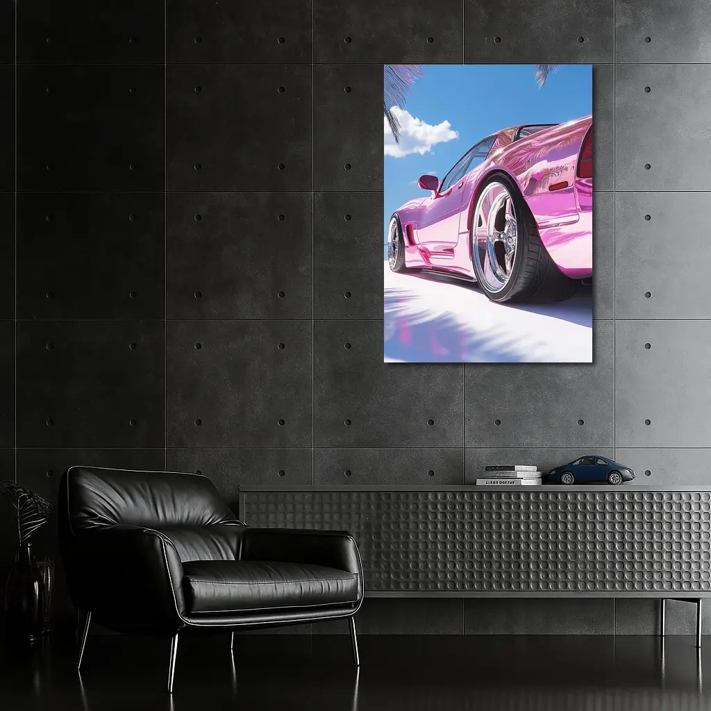 Pink Chrome Corvette Tropical Beach Sky – Wall Art