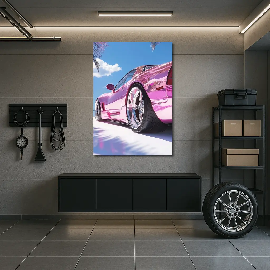Pink Chrome Corvette Tropical Beach Sky – Wall Art