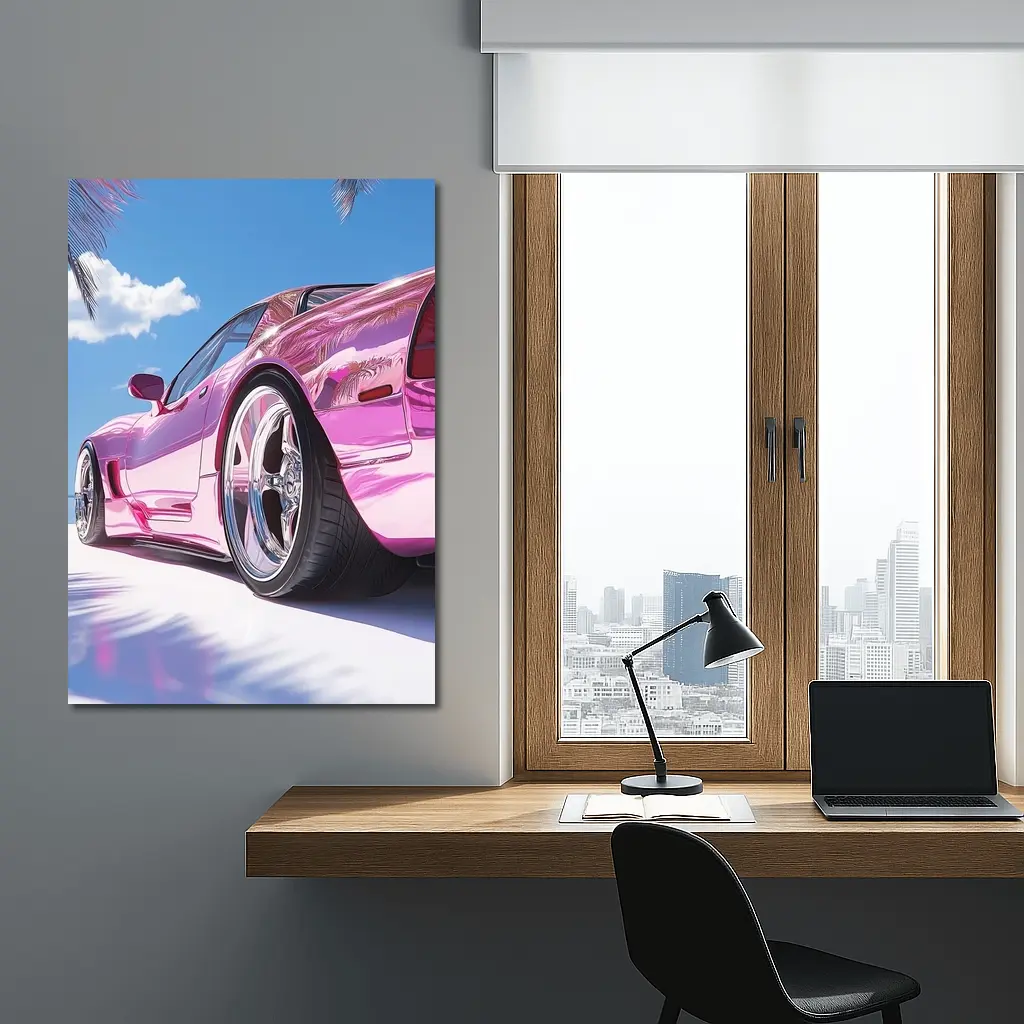 Pink Chrome Corvette Tropical Beach Sky – Wall Art