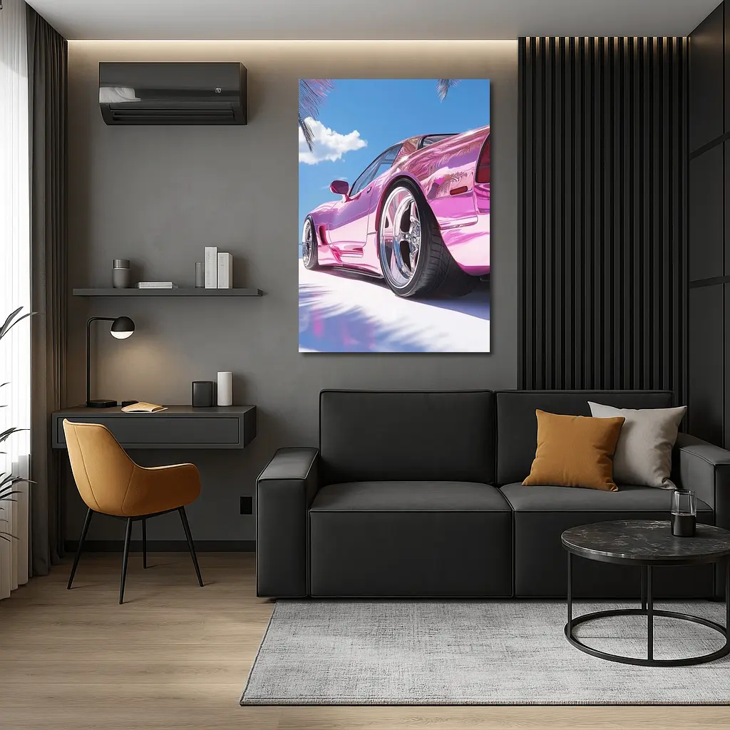 Pink Chrome Corvette Tropical Beach Sky – Wall Art