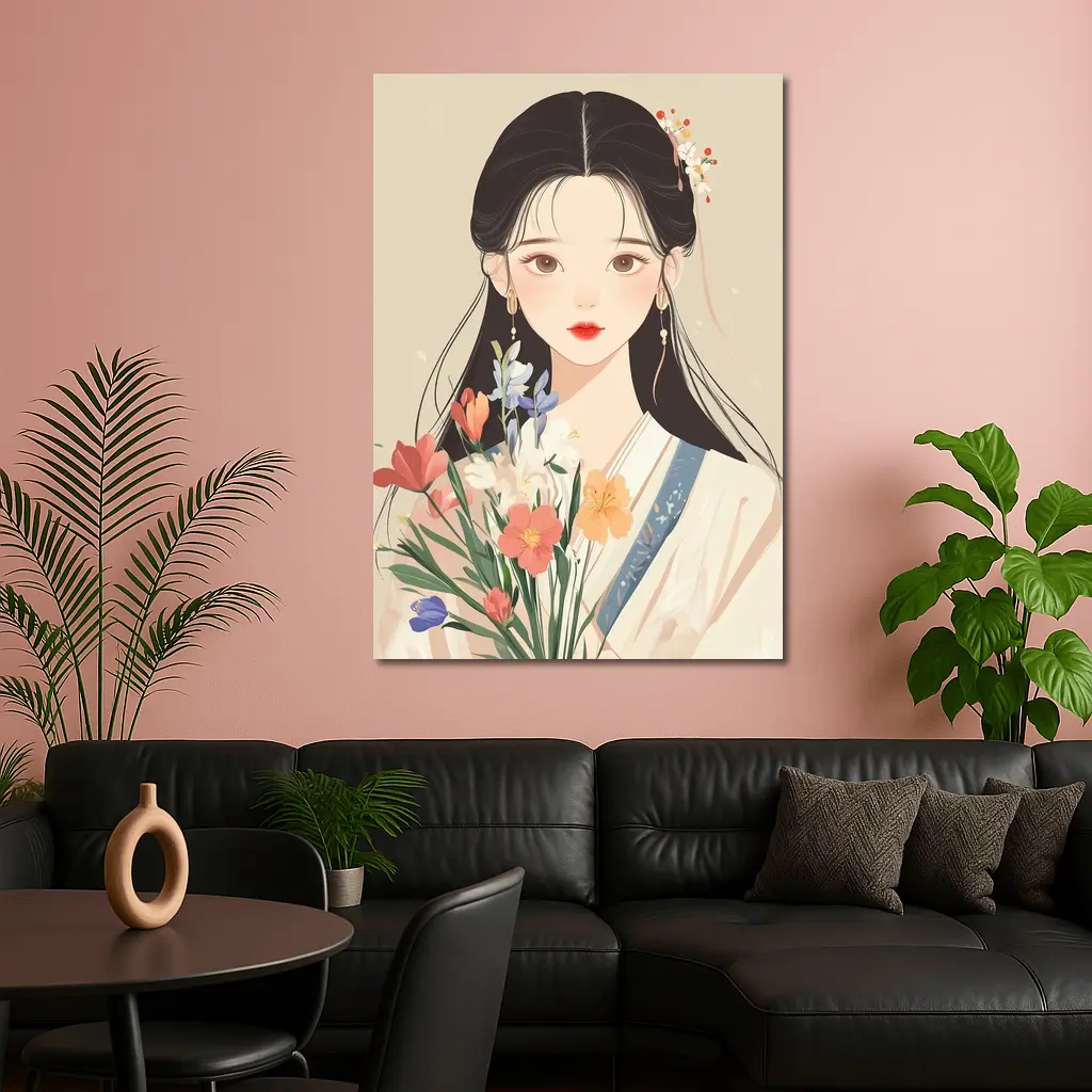 Chinese Girl Illustration Holding Floral Bouquet Beige – Wall Art