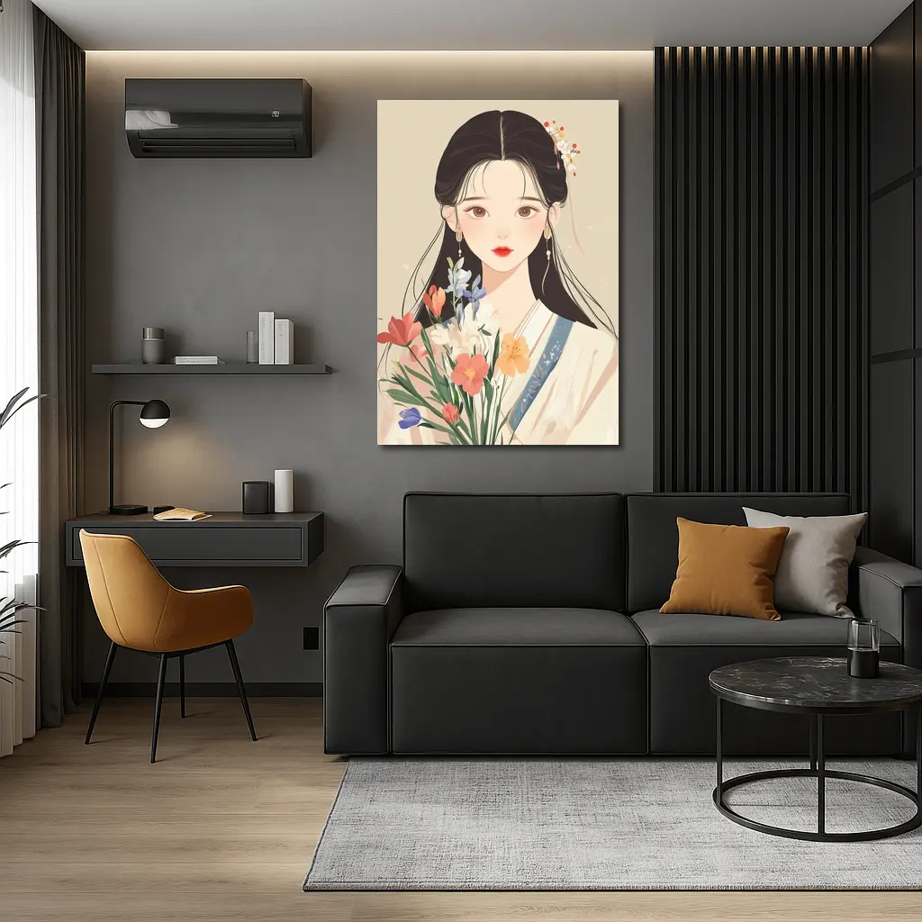 Chinese Girl Illustration Holding Floral Bouquet Beige – Wall Art
