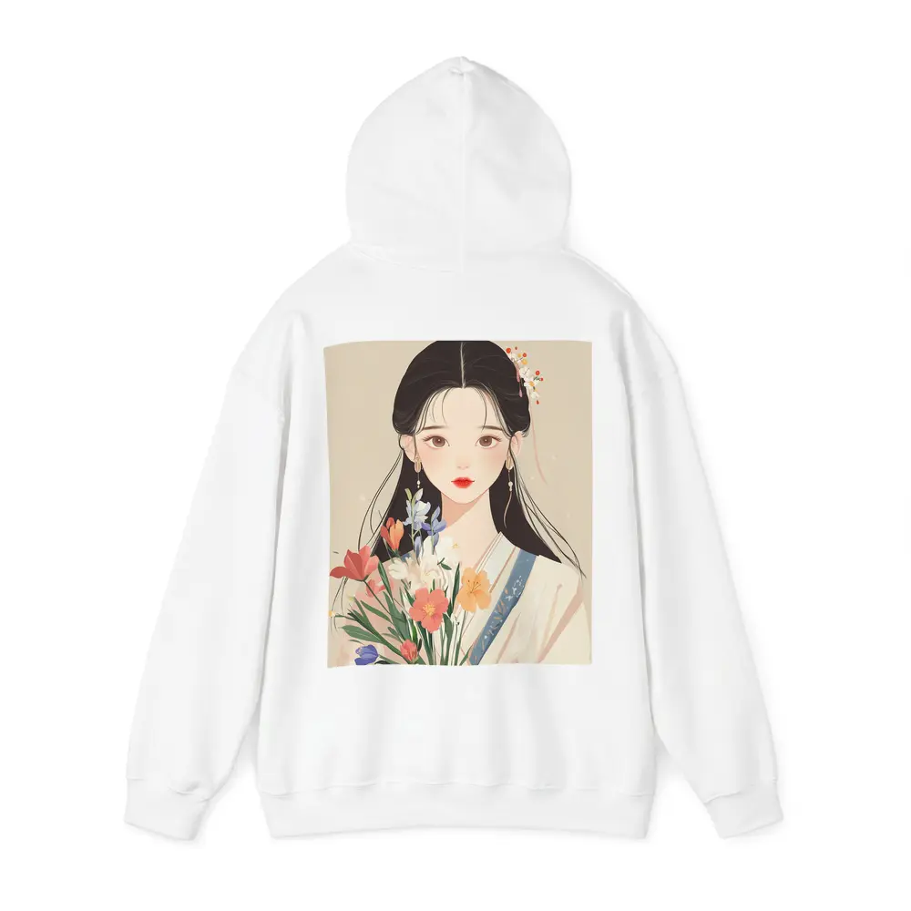 Chinese Girl Illustration Holding Floral Bouquet Beige – Hoodies
