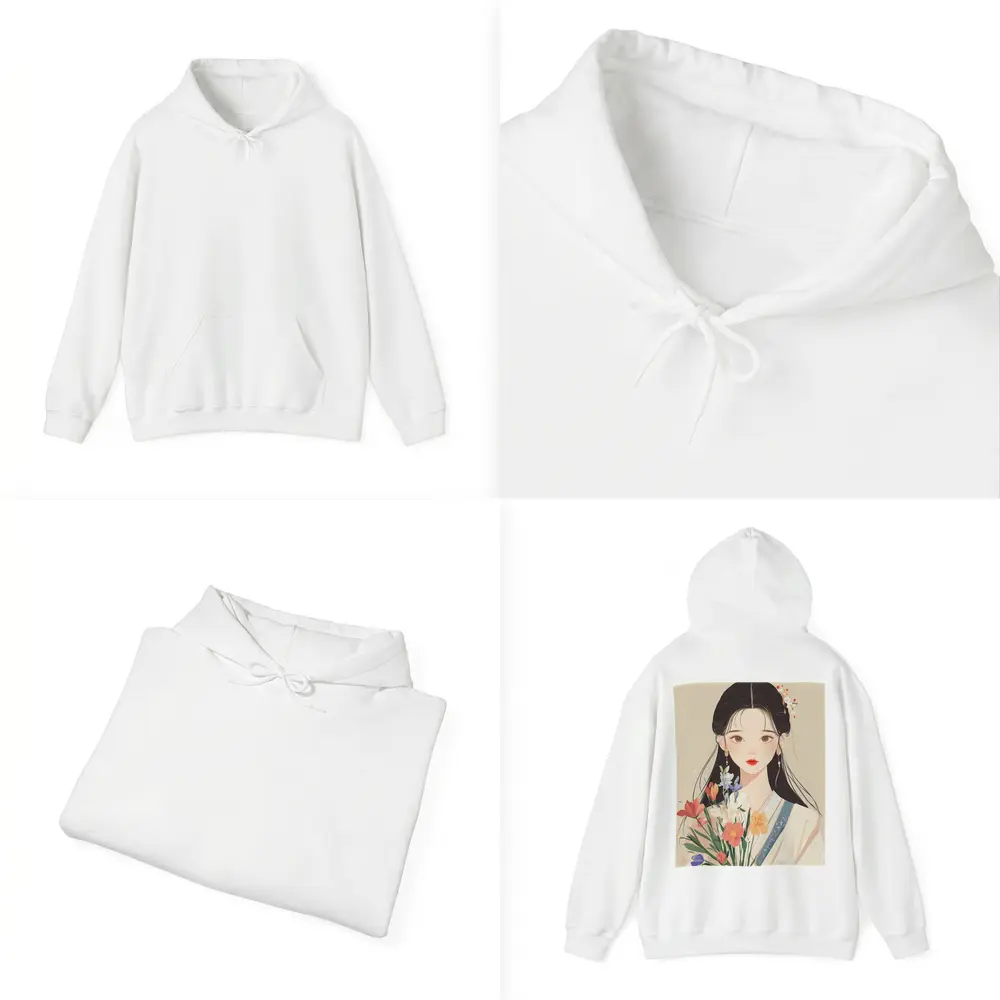 Chinese Girl Illustration Holding Floral Bouquet Beige – Hoodies