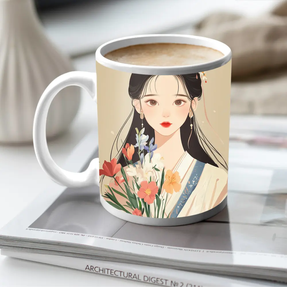 Chinese Girl Illustration Holding Floral Bouquet Beige – Mugs