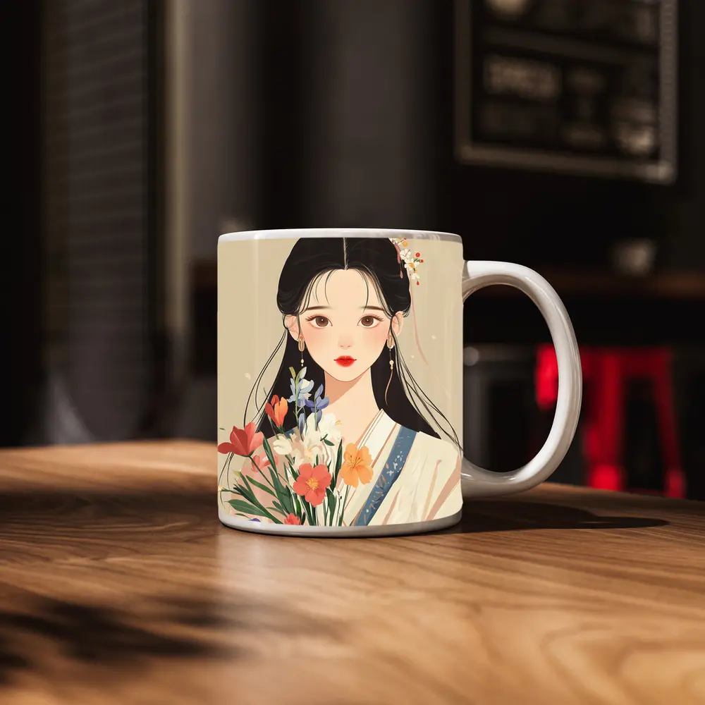 Chinese Girl Illustration Holding Floral Bouquet Beige – Mugs