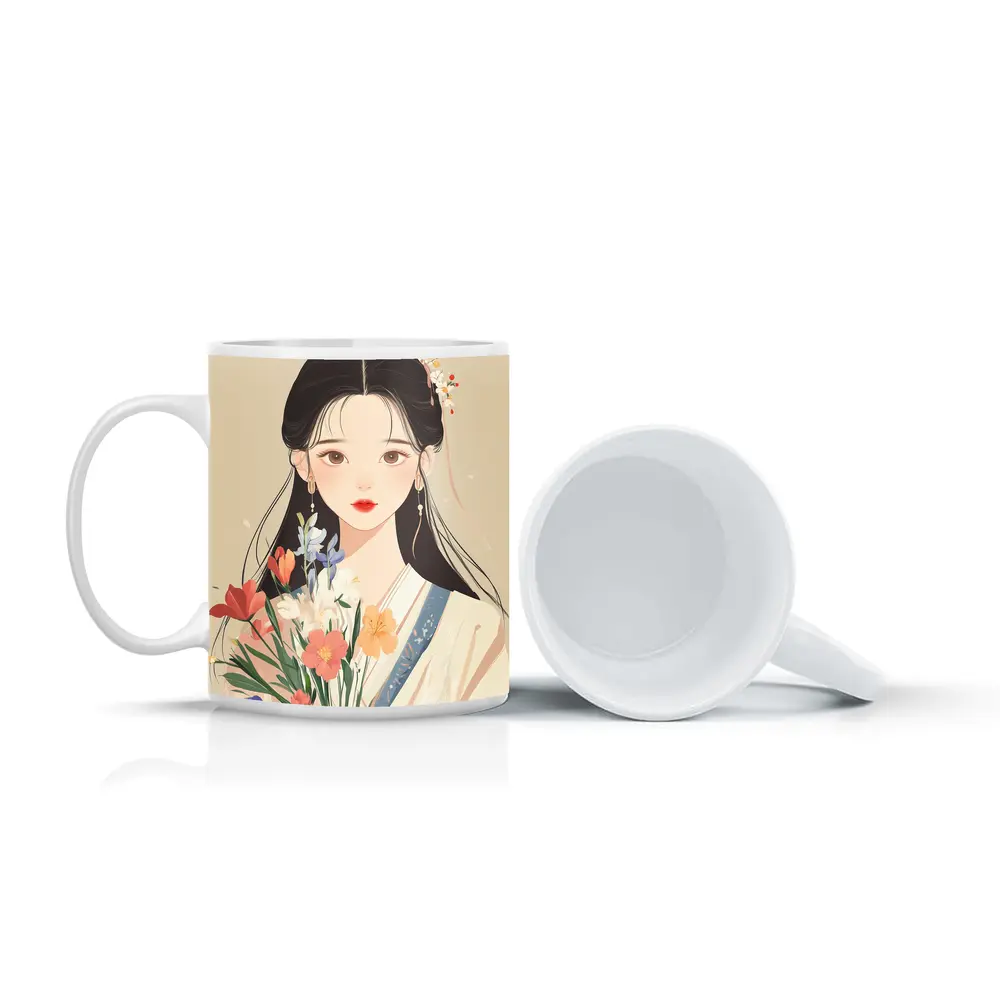Chinese Girl Illustration Holding Floral Bouquet Beige – Mugs