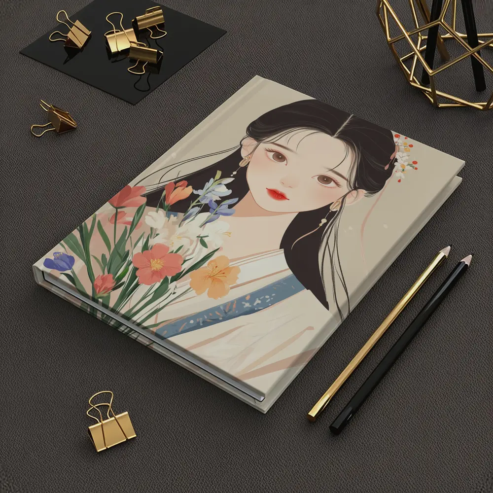 Chinese Girl Illustration Holding Floral Bouquet Beige – Notebooks