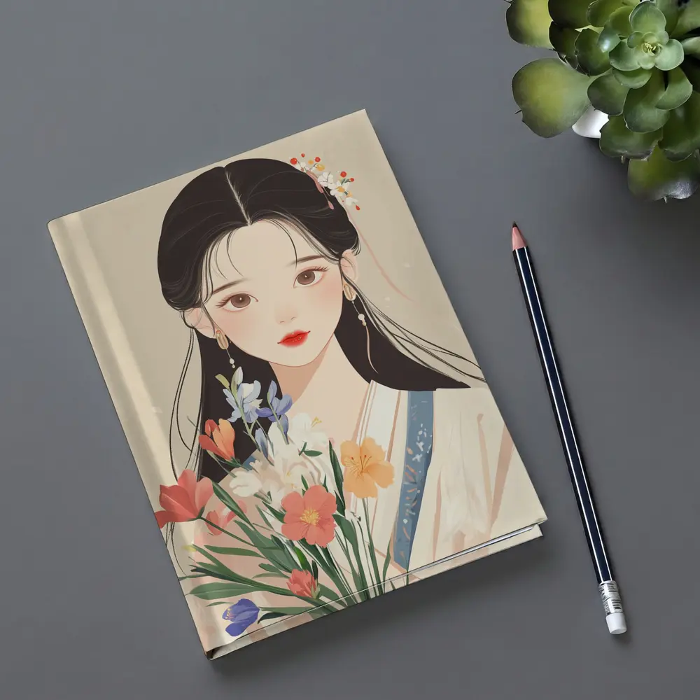 Chinese Girl Illustration Holding Floral Bouquet Beige – Notebooks