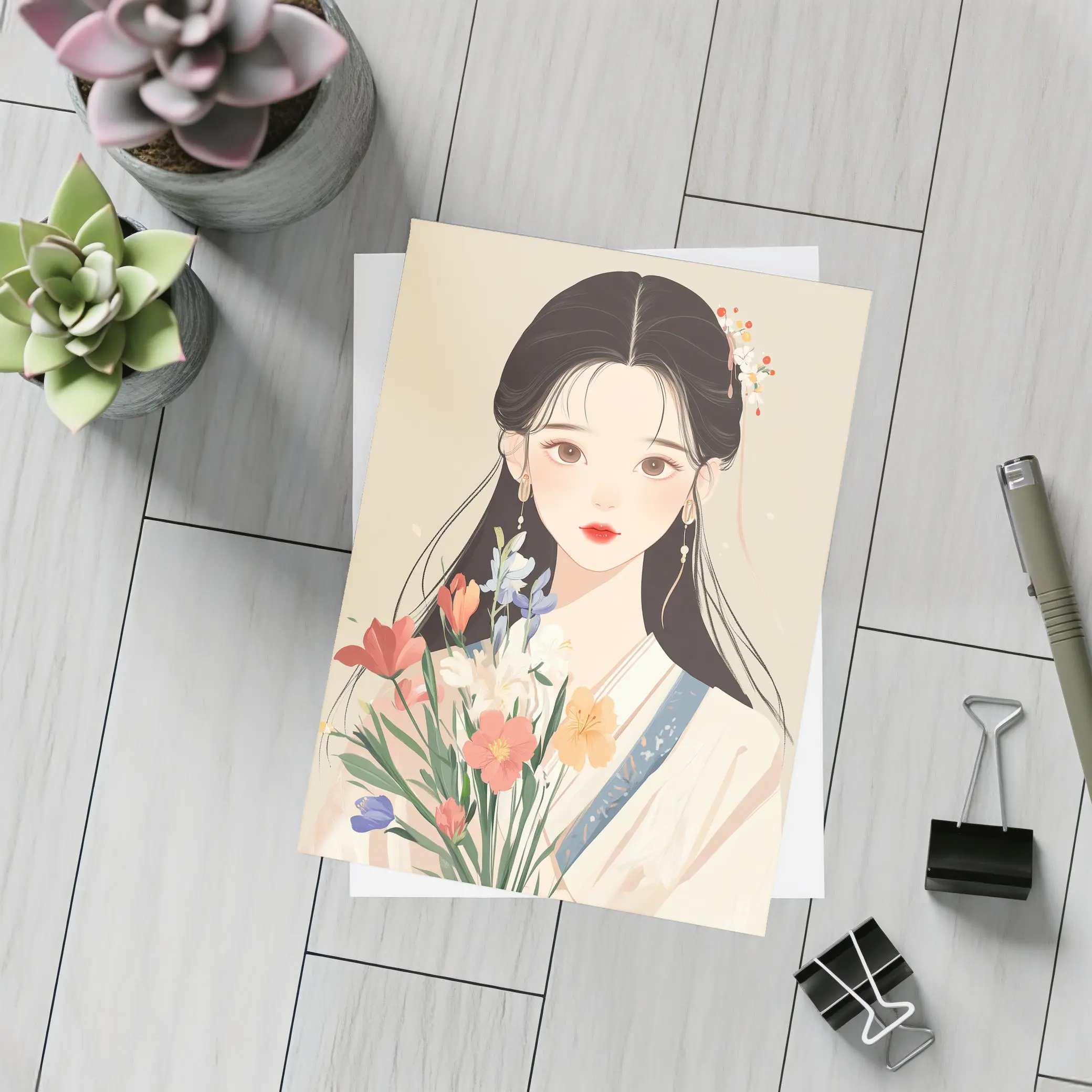 Chinese Girl Illustration Holding Floral Bouquet Beige – Postcards
