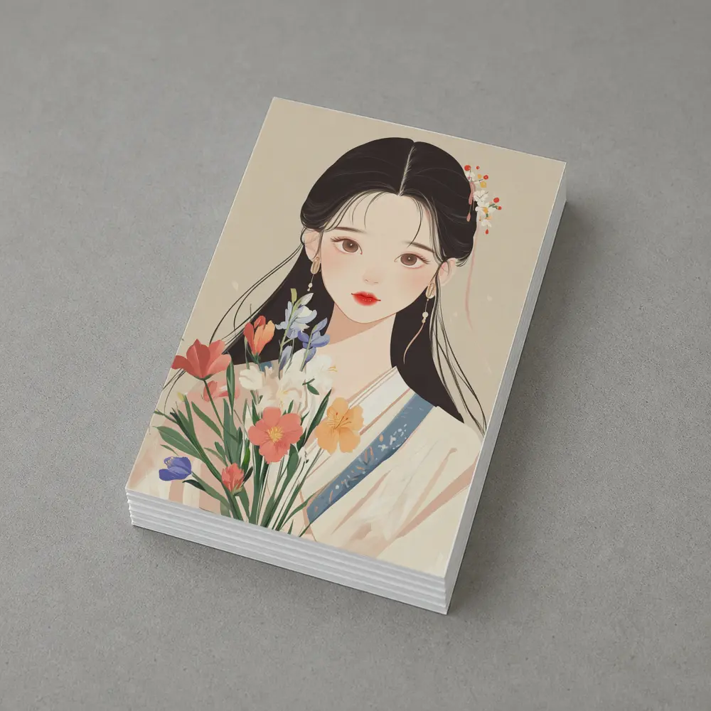 Chinese Girl Illustration Holding Floral Bouquet Beige – Postcards