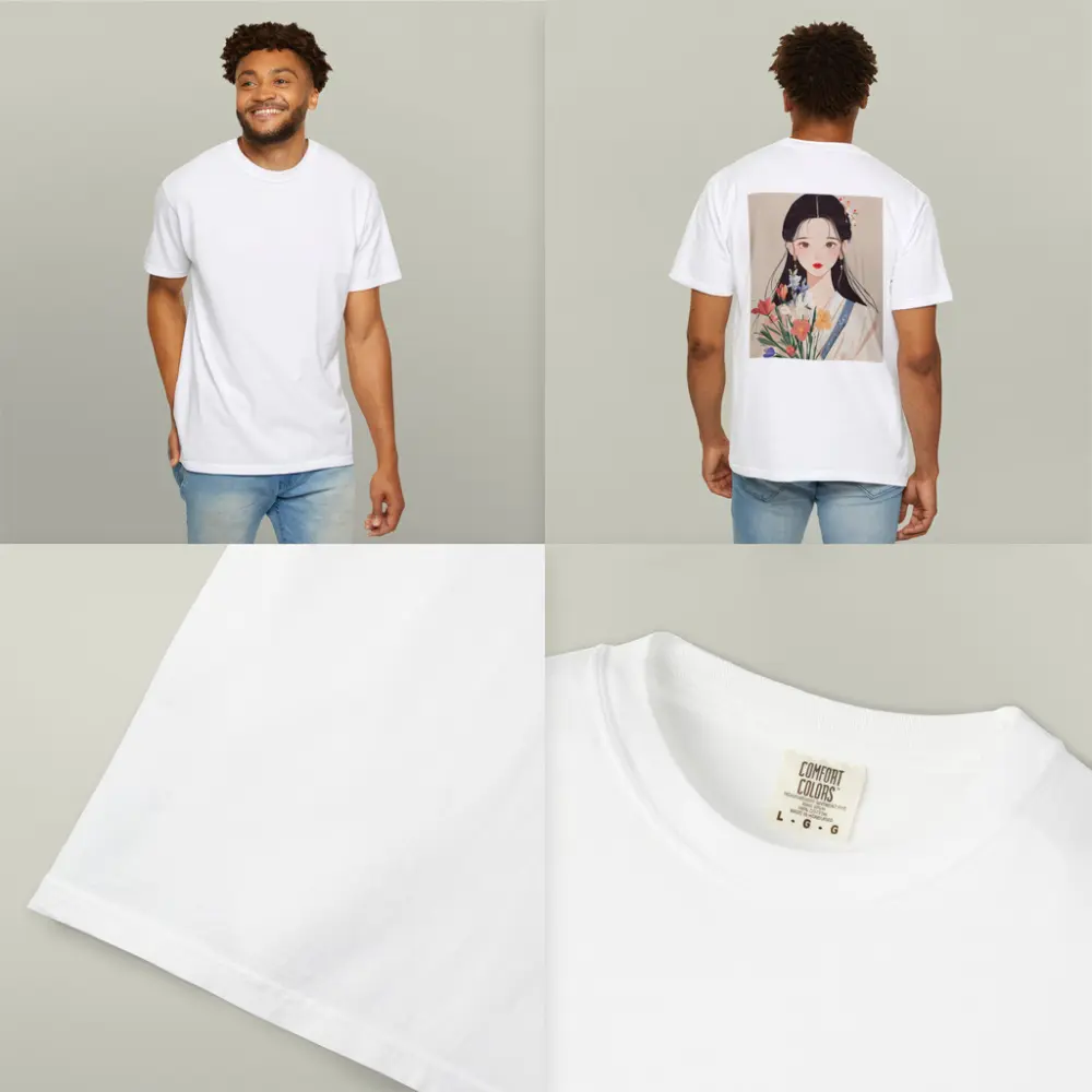 Chinese Girl Illustration Holding Floral Bouquet Beige – T-Shirts
