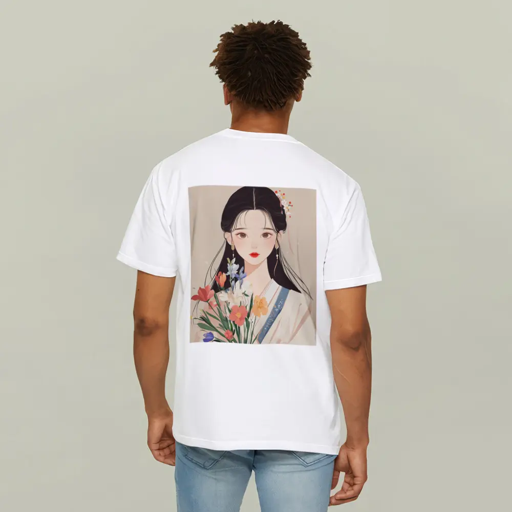 Chinese Girl Illustration Holding Floral Bouquet Beige – T-Shirts