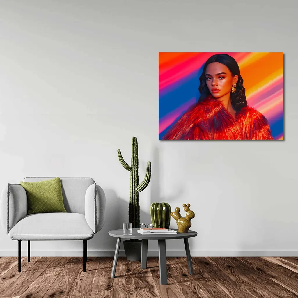 Woman Red Fur Coat Colorful Stripe Background – Wall Art