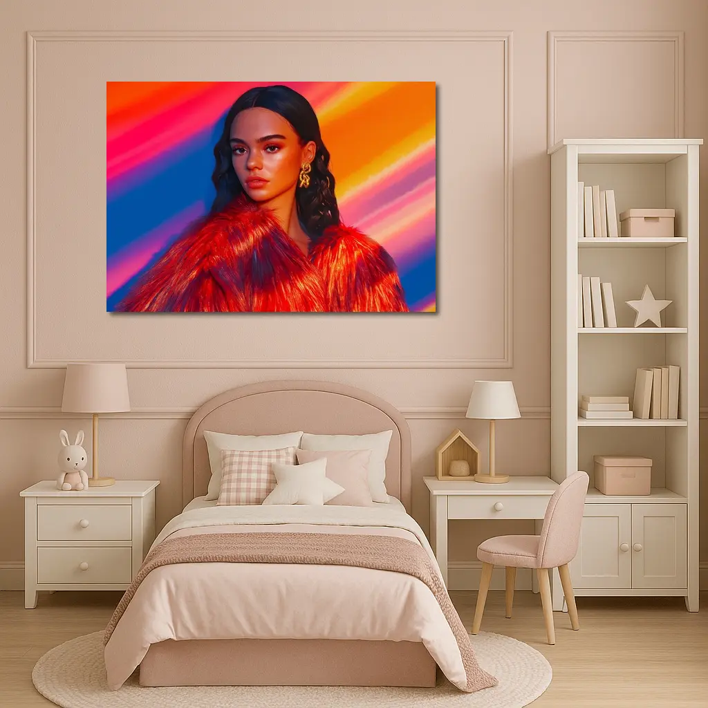 Woman Red Fur Coat Colorful Stripe Background – Wall Art