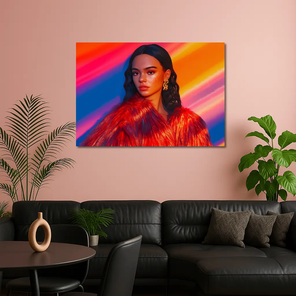 Woman Red Fur Coat Colorful Stripe Background – Wall Art