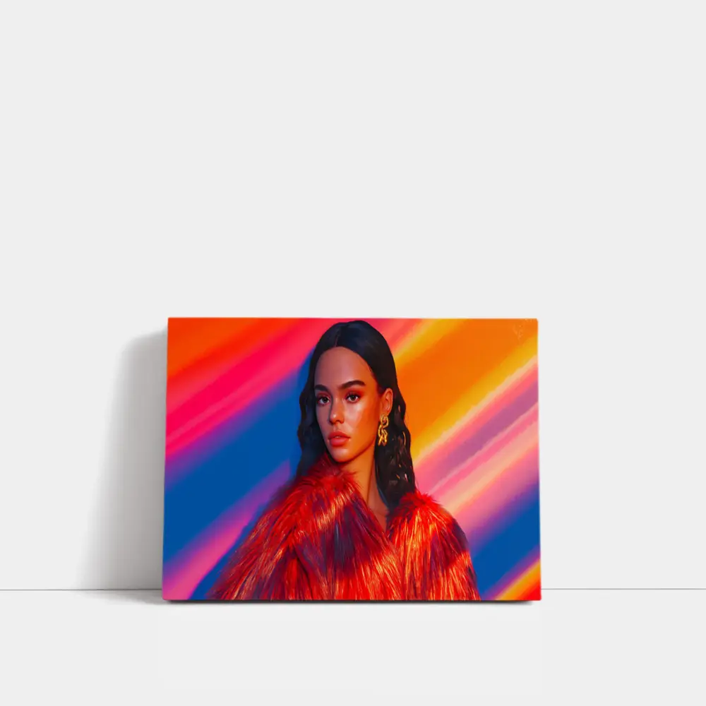 Woman Red Fur Coat Colorful Stripe Background – Wall Art