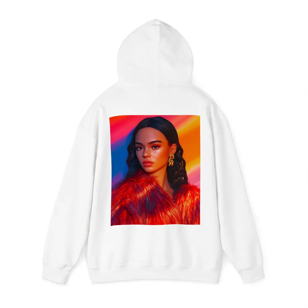 Woman Red Fur Coat Colorful Stripe Background – Hoodies