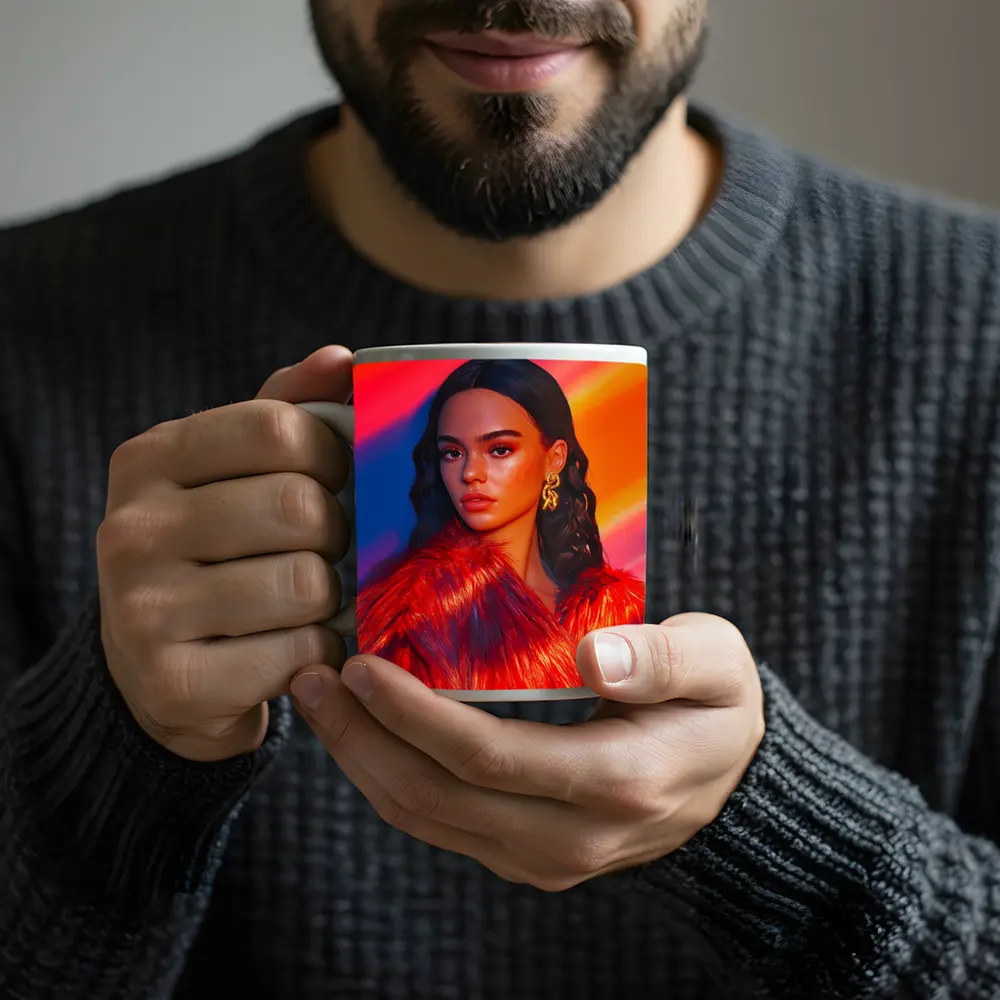 Woman Red Fur Coat Colorful Stripe Background – Mugs