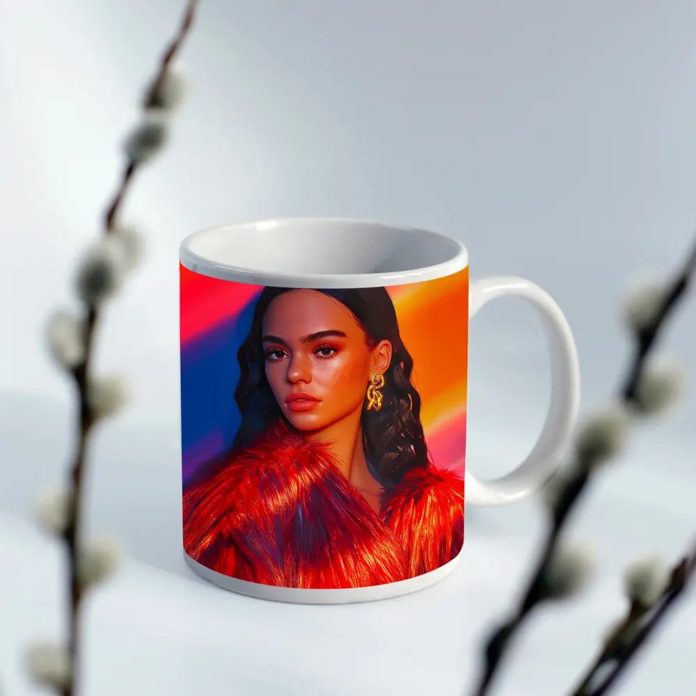 Woman Red Fur Coat Colorful Stripe Background – Mugs