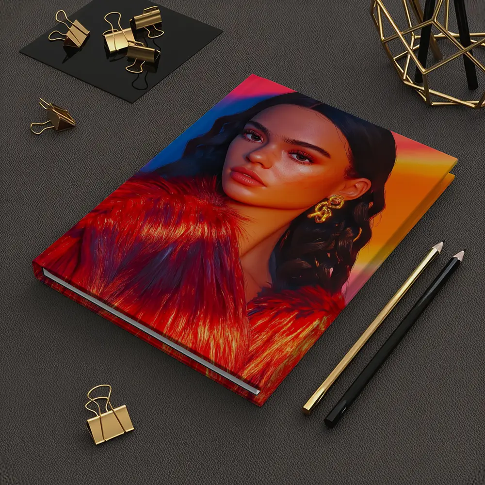 Woman Red Fur Coat Colorful Stripe Background – Notebooks