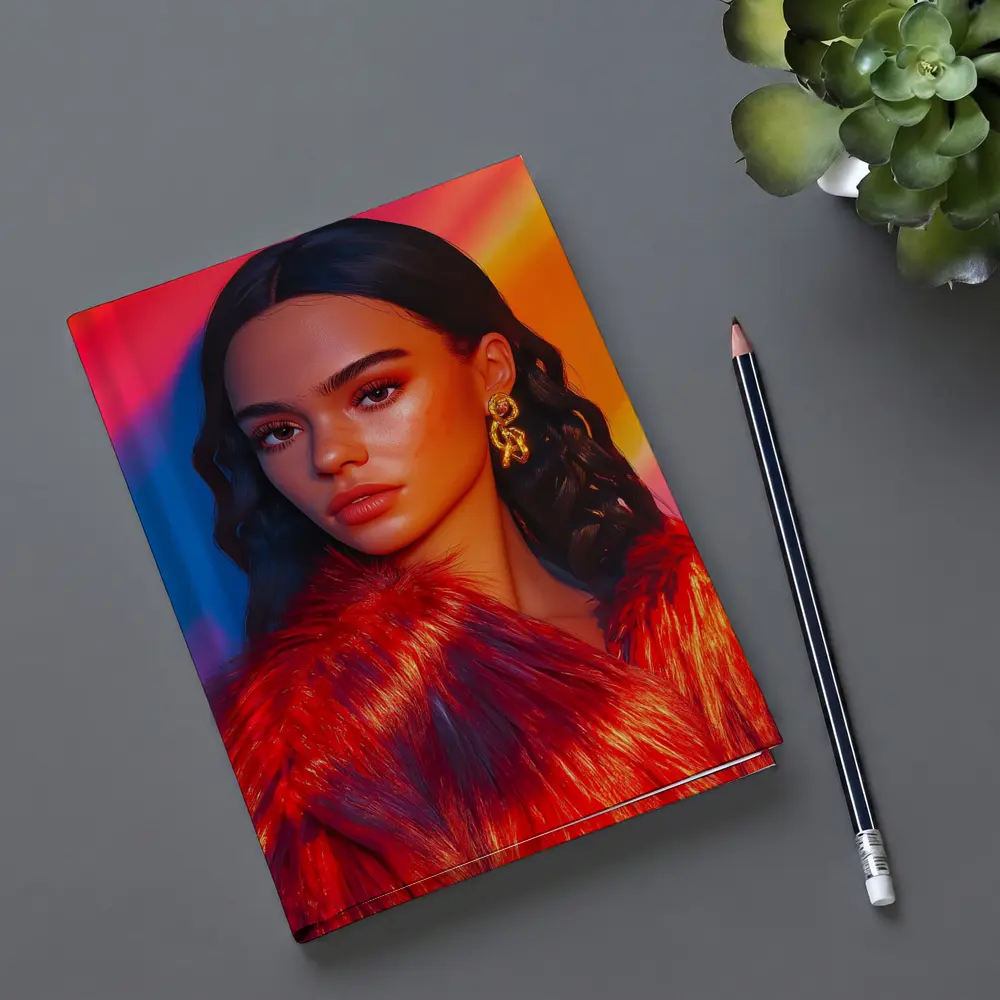 Woman Red Fur Coat Colorful Stripe Background – Notebooks