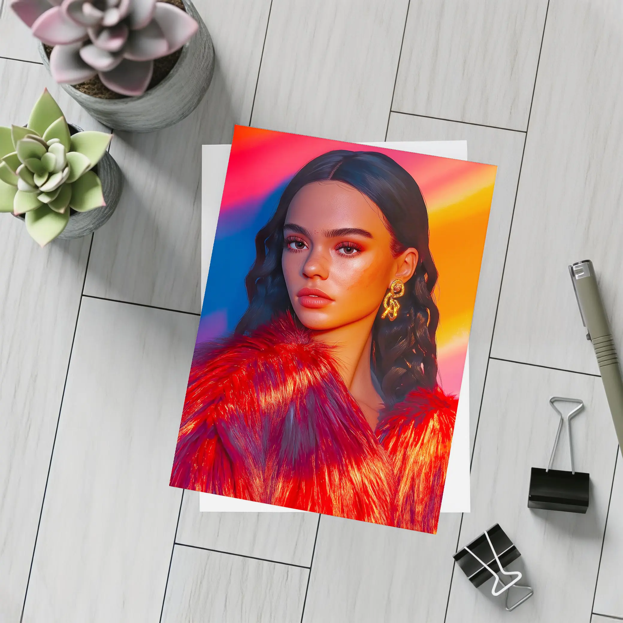 Woman Red Fur Coat Colorful Stripe Background – Postcards