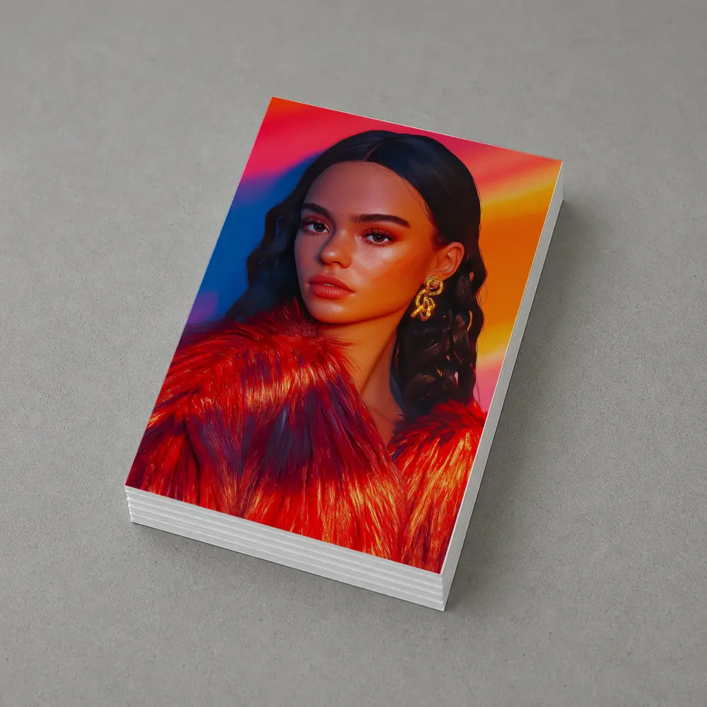 Woman Red Fur Coat Colorful Stripe Background – Postcards