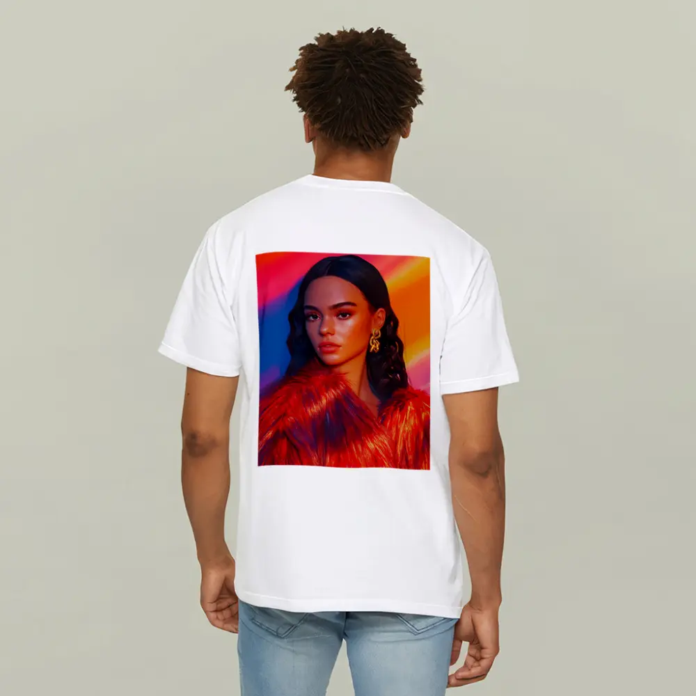 Woman Red Fur Coat Colorful Stripe Background – T-Shirts