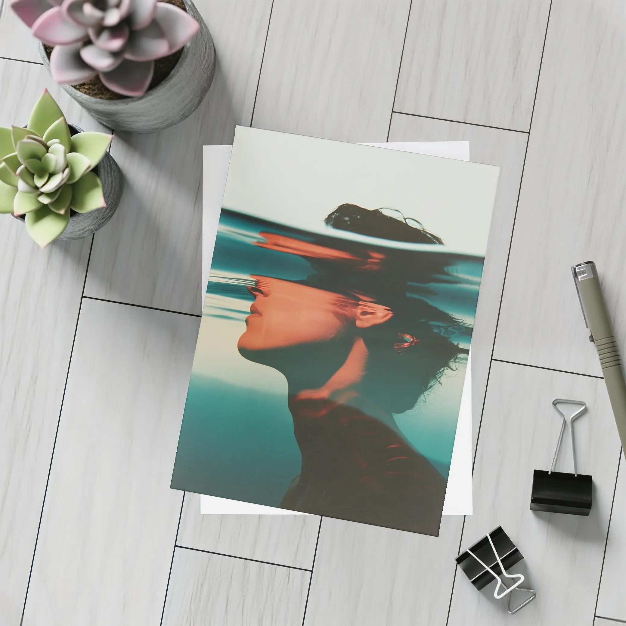 Woman Submerged Underwater Teal Surreal Portrait – Postcards