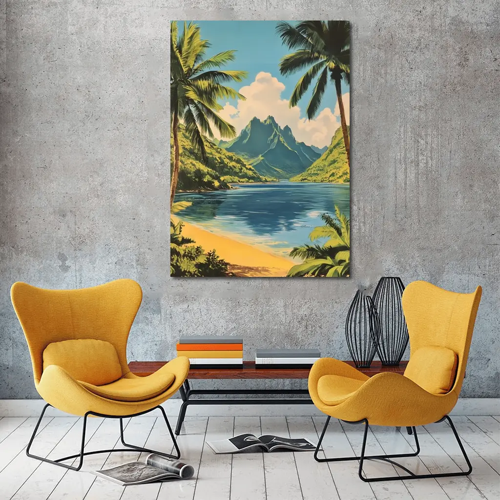 Retro Tropical Beach Mountains Palm Trees Art – Wall Art