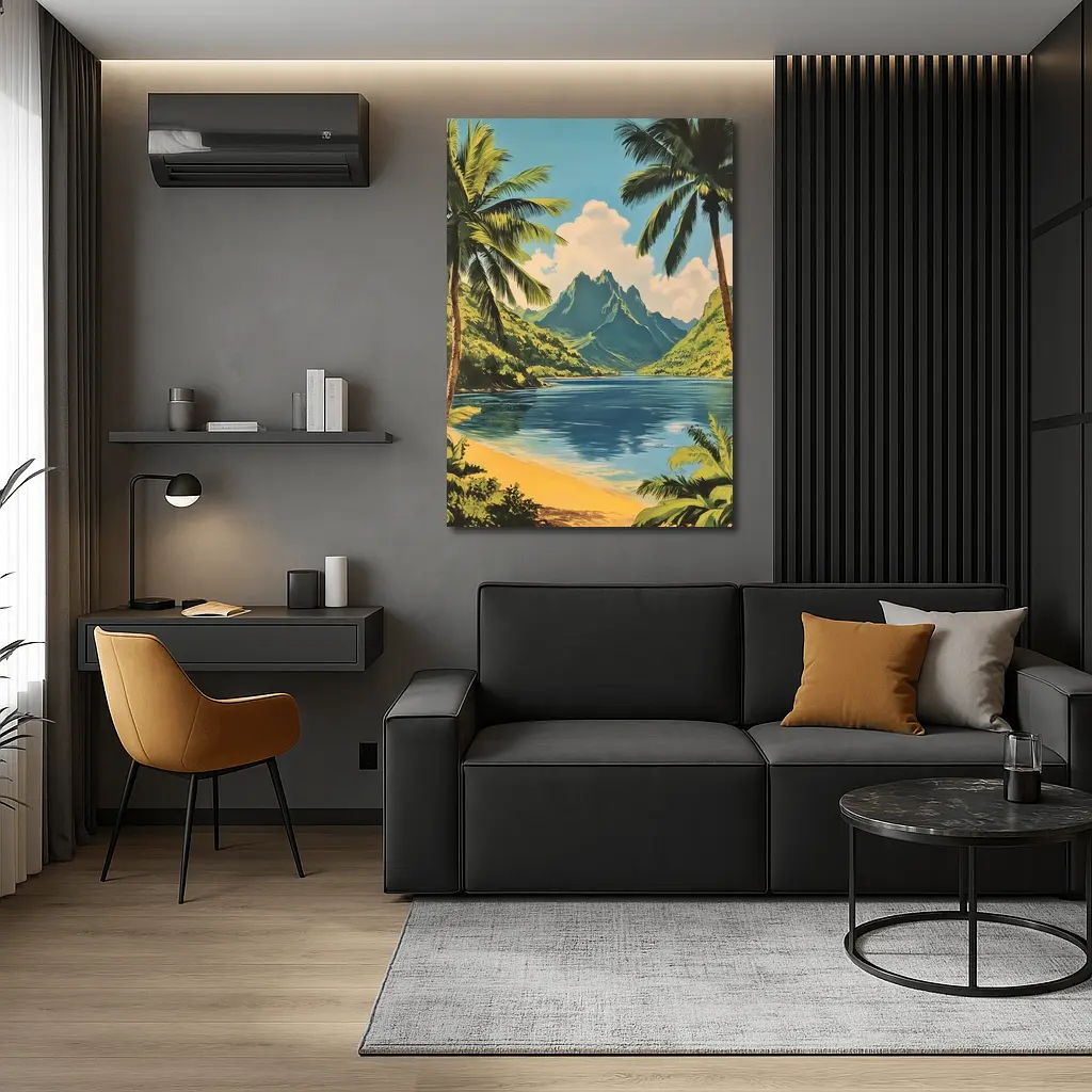 Retro Tropical Beach Mountains Palm Trees Art – Wall Art
